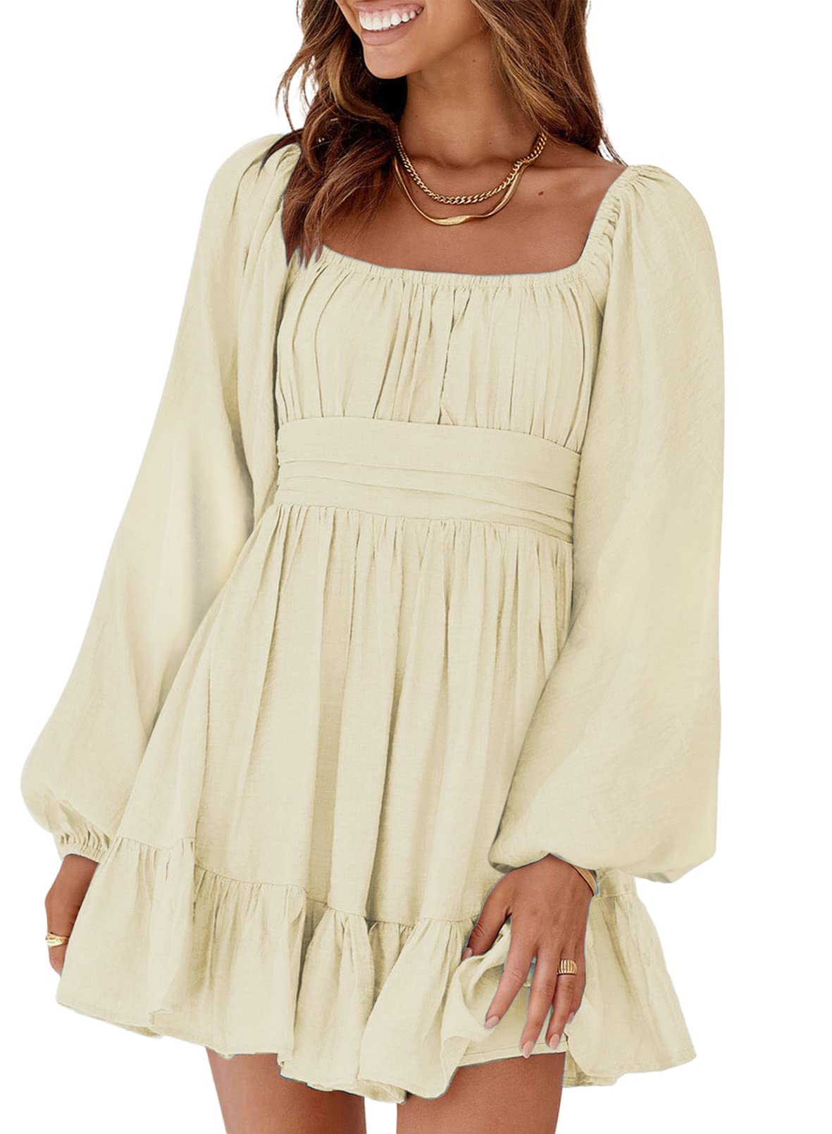 YIOIOIO Women's Square Neck Long Sleeve A-Line Mini Dress