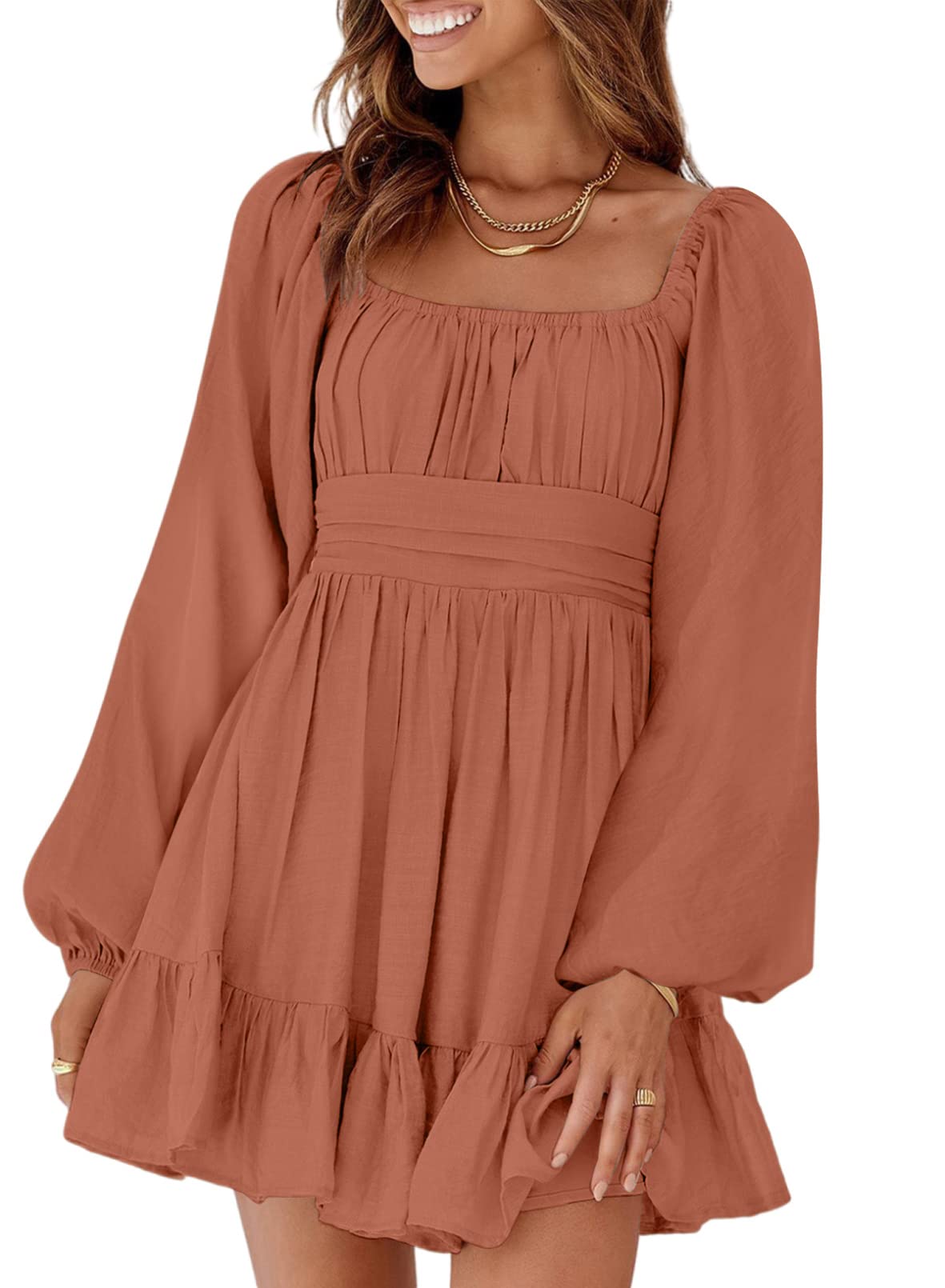 YIOIOIO Women's Square Neck Long Sleeve A-Line Mini Dress