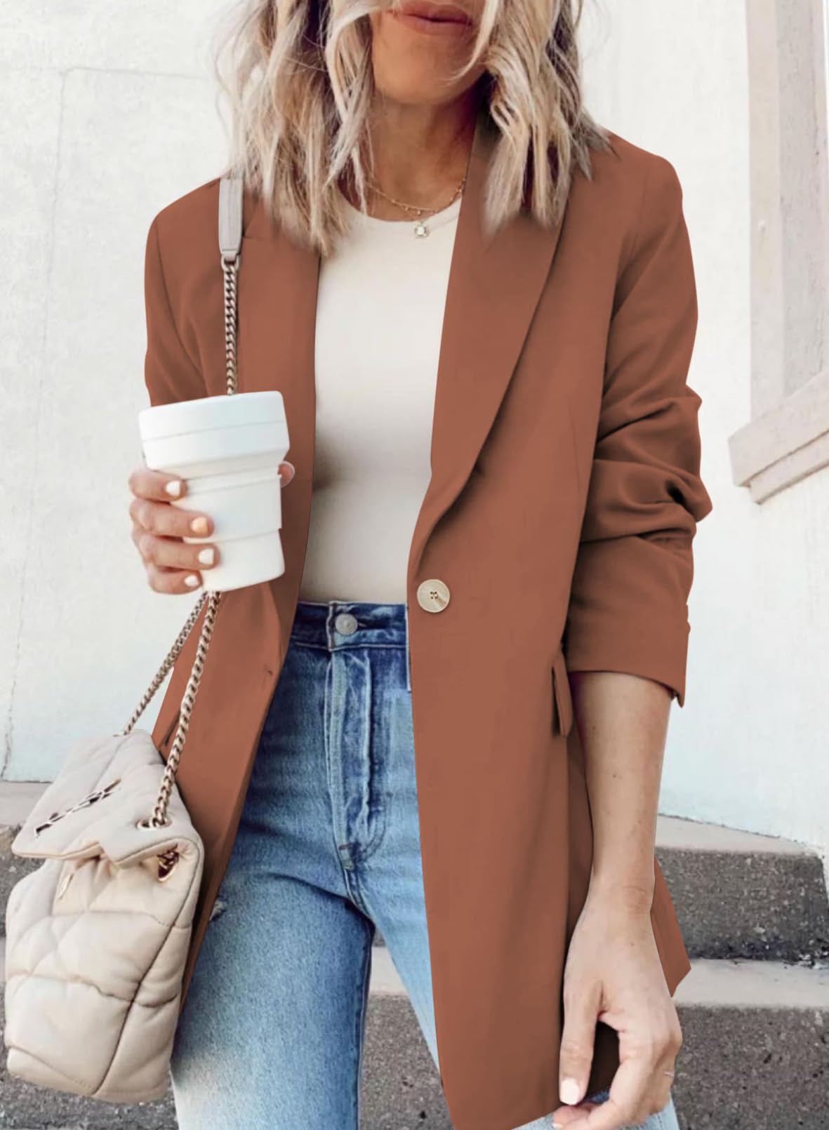 YIOIOIO Women's Fashion Blazer Lapel Collar Buttons Jackets Coat Brown