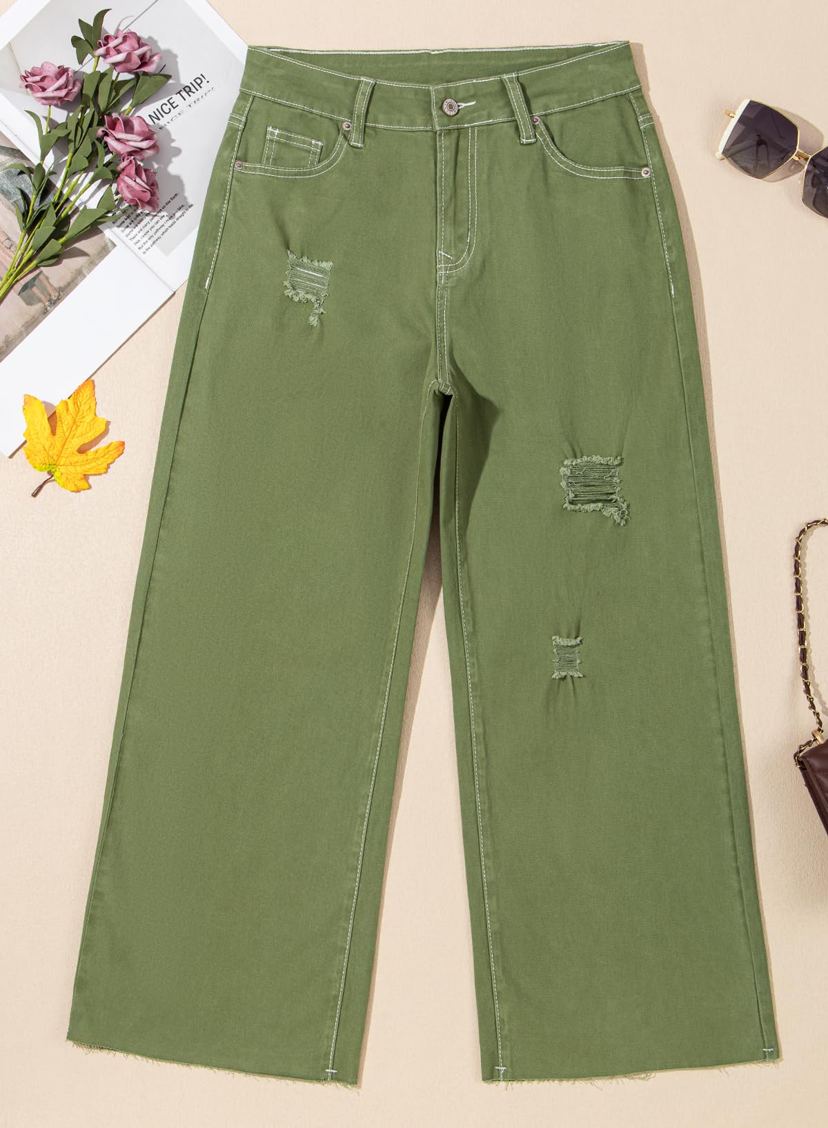YIOIOIO Women's High Waist Baggy Jeans Denim Trouser Ankle Pants Green