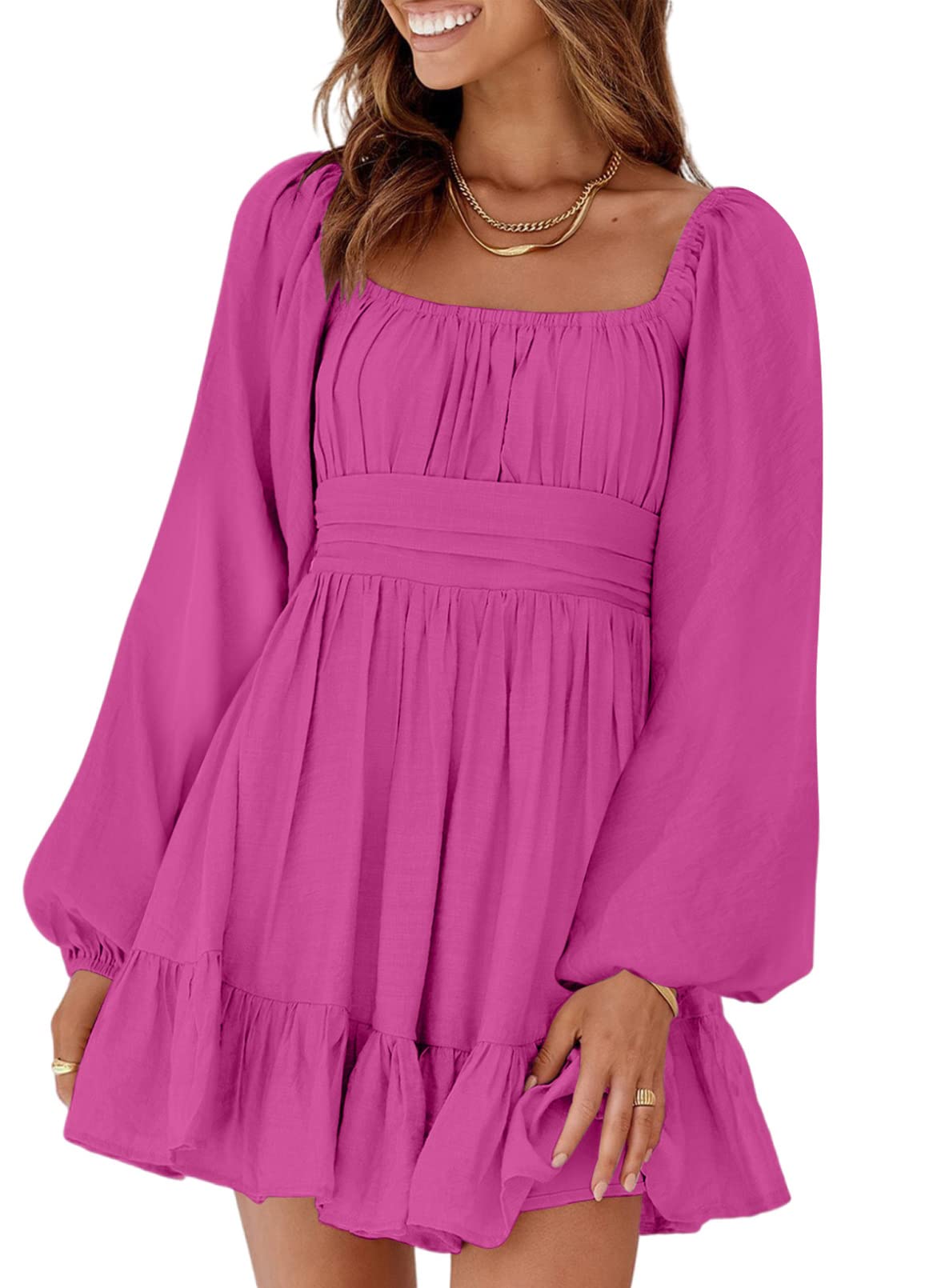 YIOIOIO Women's Square Neck Long Sleeve A-Line Mini Dress