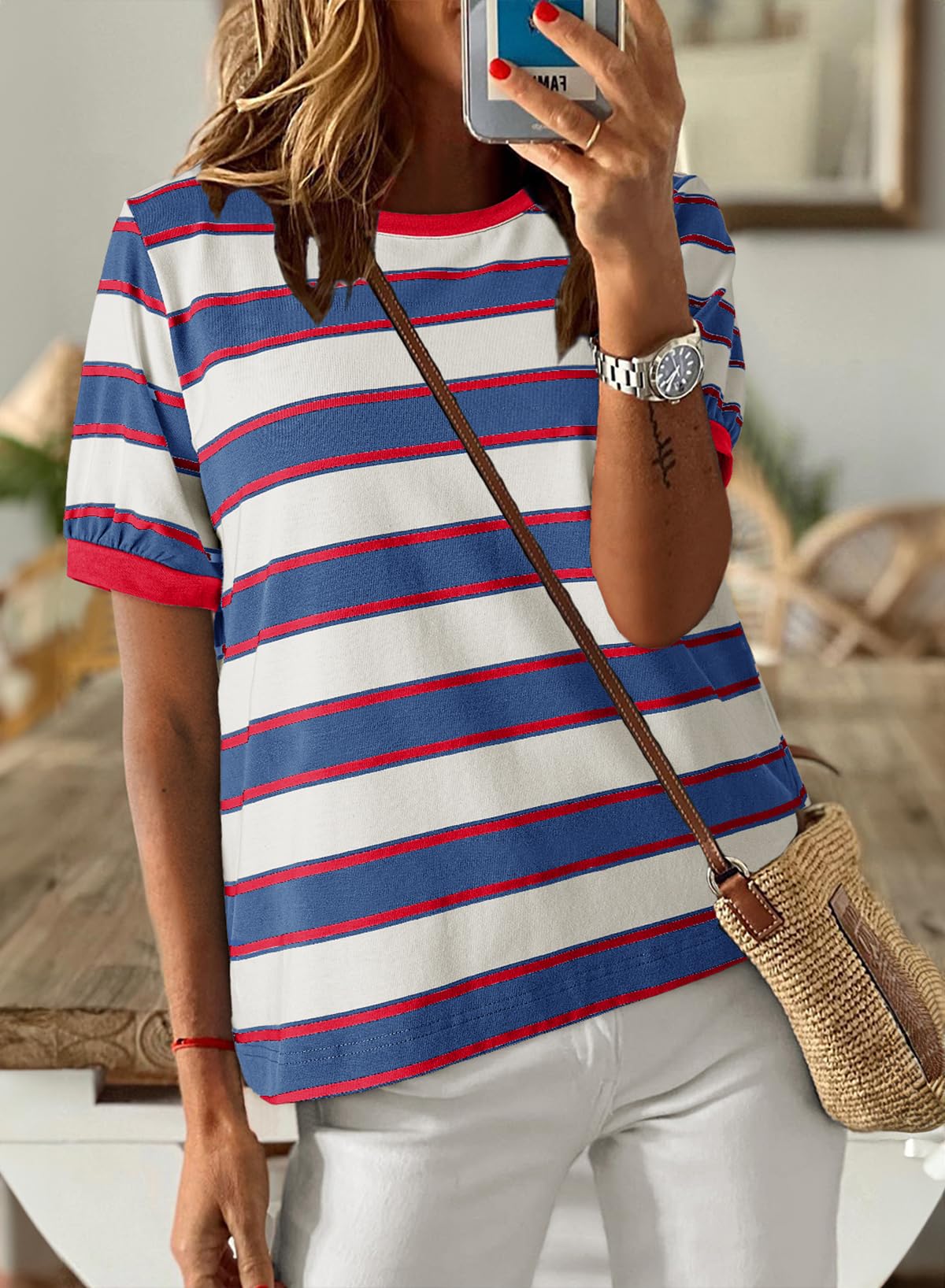 YIOIOIO Women's Summer Tops Striped T-Shirts Short Sleeve Basic Tee Shirts Royal Blue