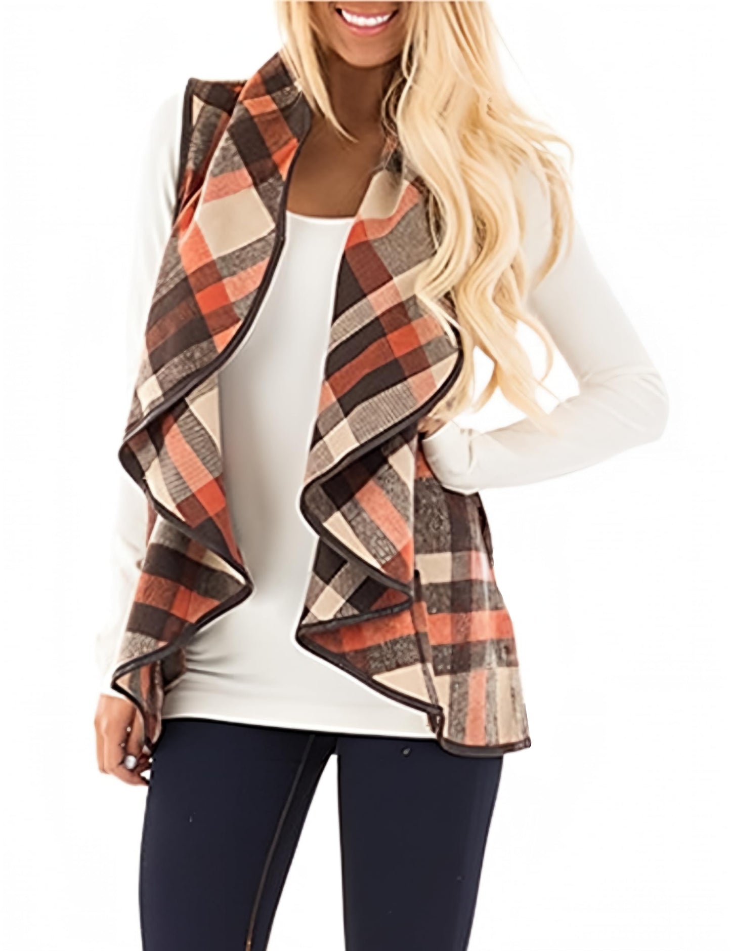 YIOIOIO Women's Buffalo Plaid Vest Lapel Open Front Sleeveless Cardigan Jacket Coat with Pockets