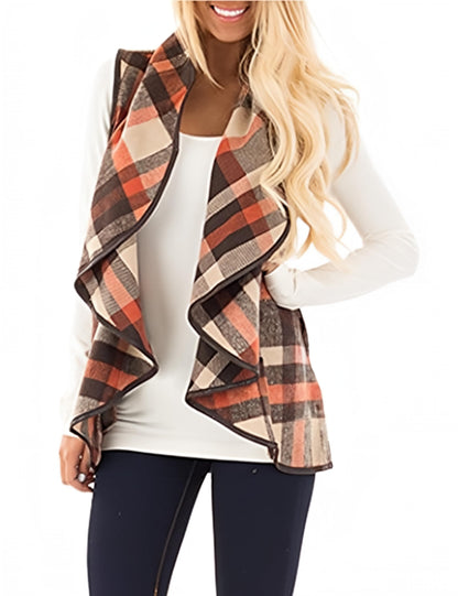 YIOIOIO Women's Buffalo Plaid Vest Lapel Open Front Sleeveless Cardigan Jacket Coat with Pockets