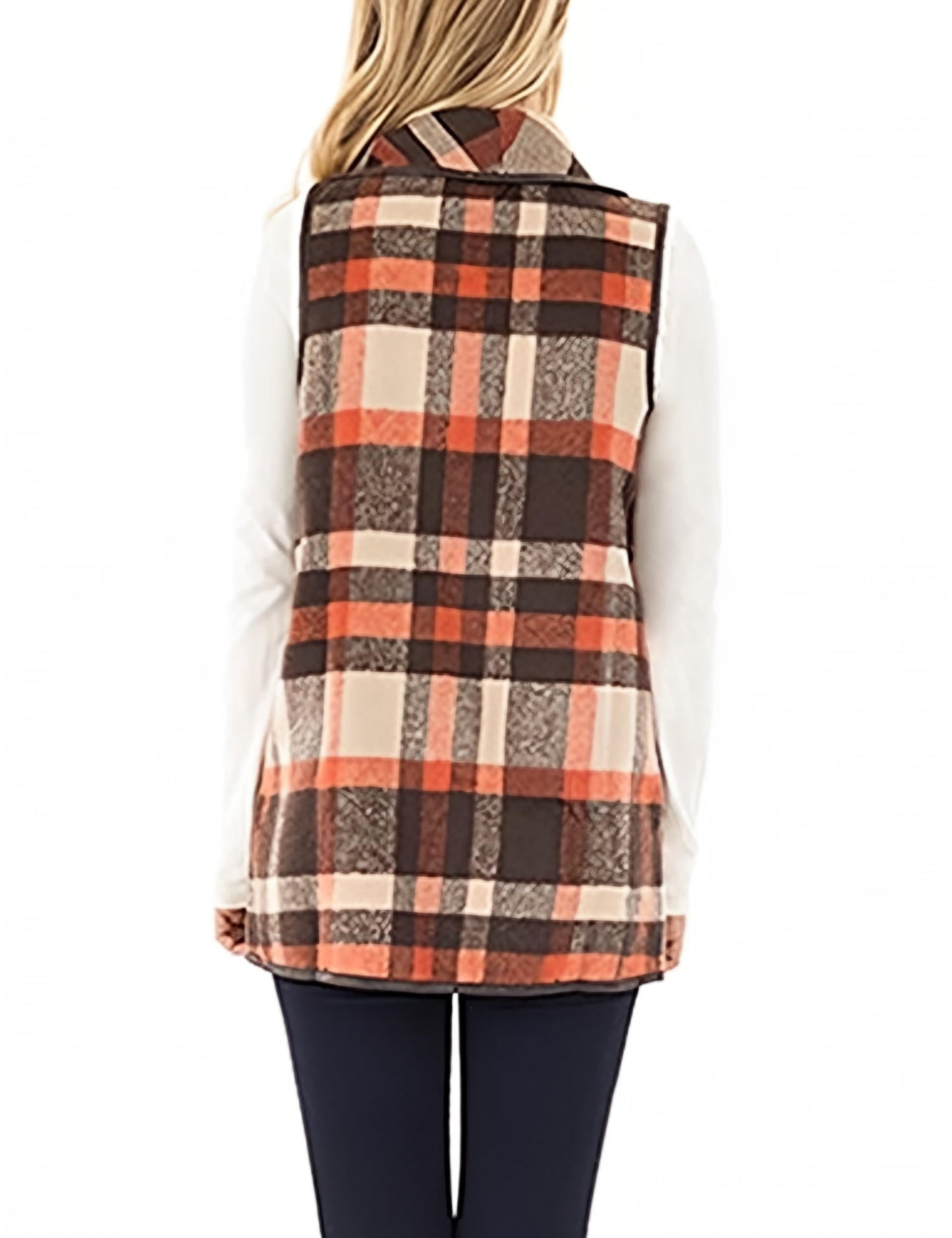 YIOIOIO Women's Buffalo Plaid Vest Lapel Open Front Sleeveless Cardigan Jacket Coat with Pockets