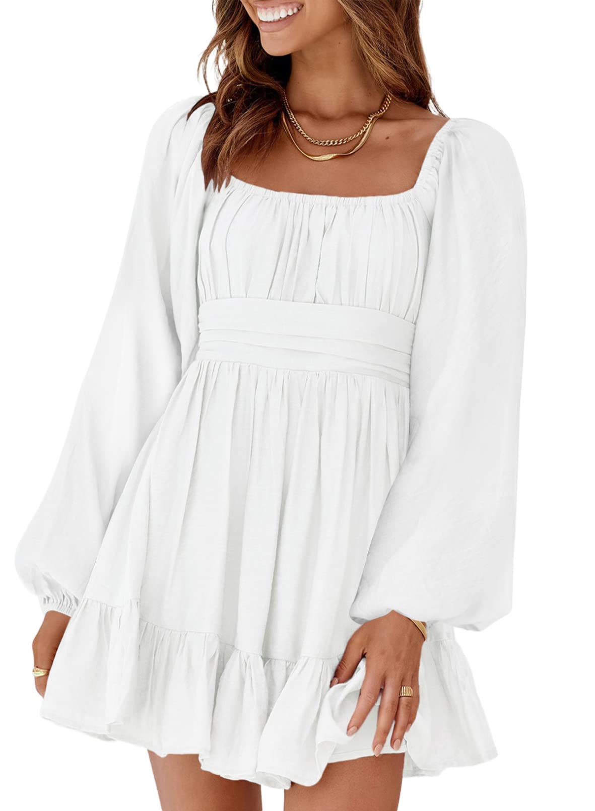 YIOIOIO Women's Square Neck Long Sleeve A-Line Mini Dress