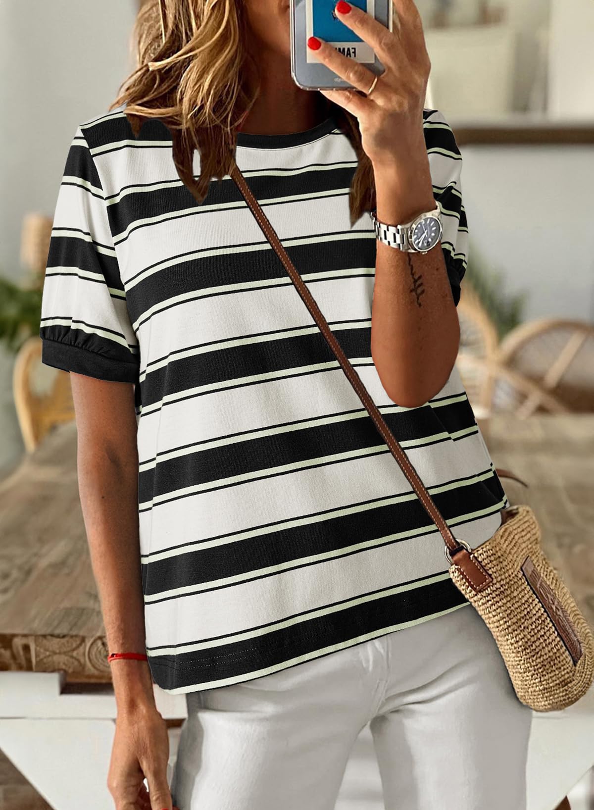 YIOIOIO Women's Summer Tops Striped T-Shirts Short Sleeve Basic Tee Shirts