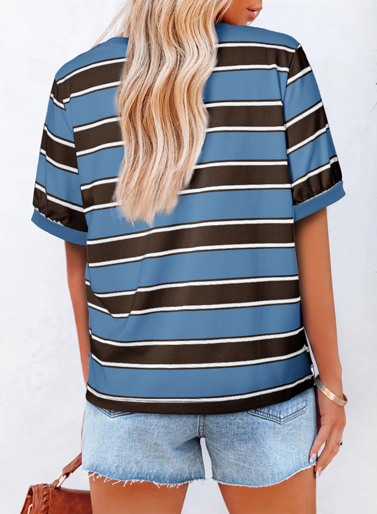 YIOIOIO Women's Summer Tops Striped T-Shirts Short Sleeve Basic Tee Shirts Blue