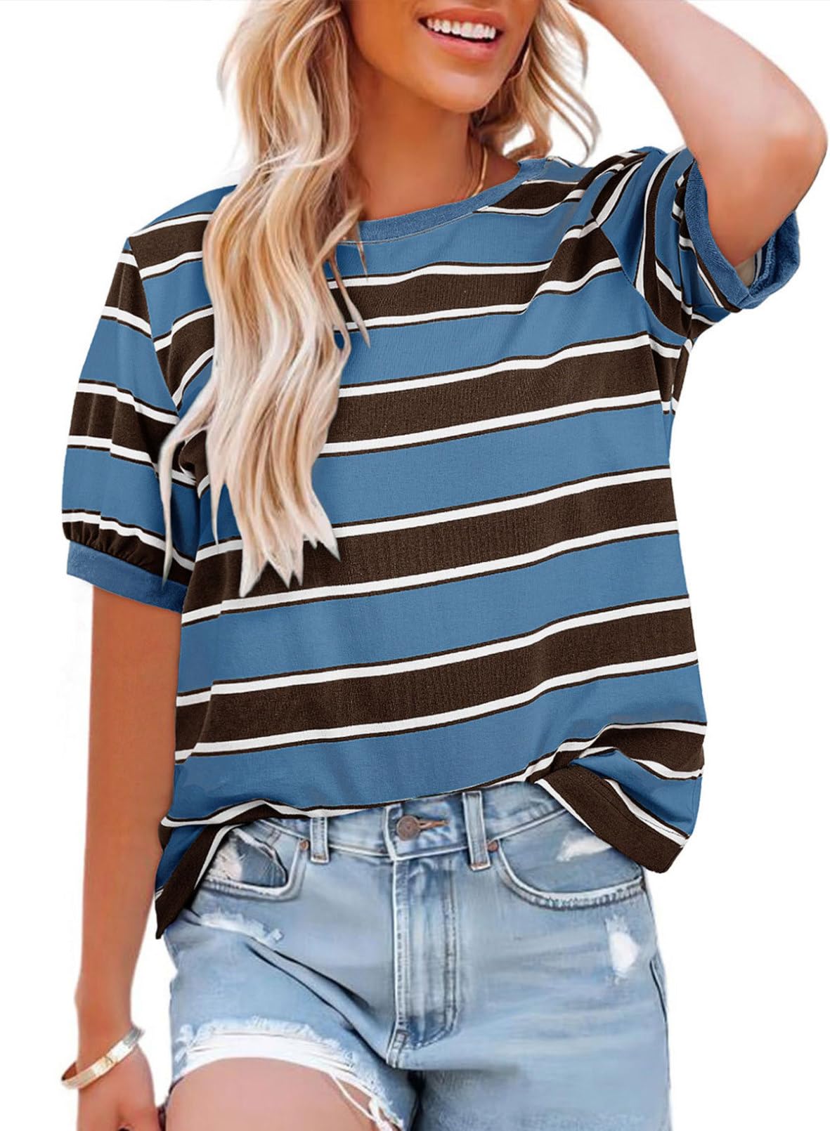 YIOIOIO Women's Summer Tops Striped T-Shirts Short Sleeve Basic Tee Shirts