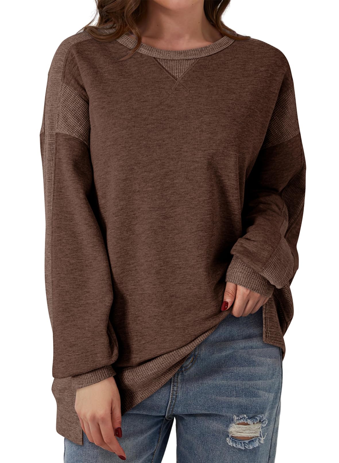YIOIOIO Women's Crewneck Oversized Sweatshirt Solid Pullover Tops Brown