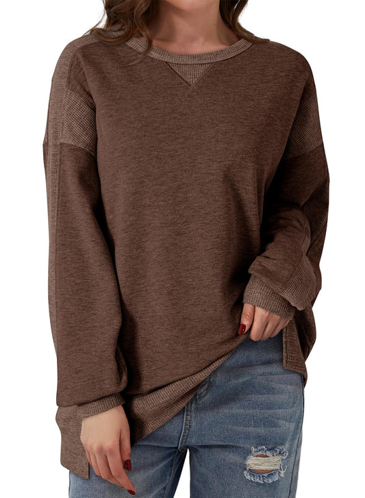 YIOIOIO Women's Crewneck Oversized Sweatshirt Solid Pullover Tops Brown