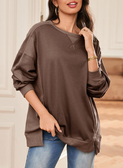 YIOIOIO Women's Crewneck Oversized Sweatshirt Solid Pullover Tops Brown