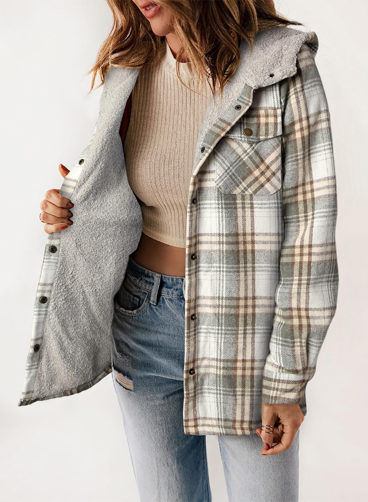 YIOIOIO Women's Fleece Jacket Long Sleeve Button Down Shacket Warm Coat
