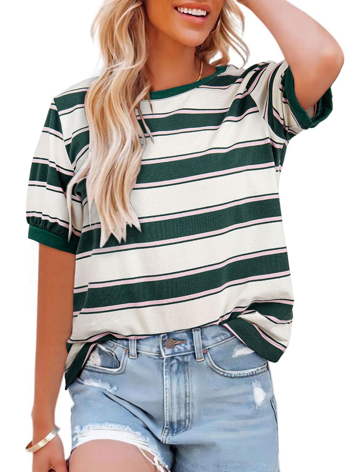 YIOIOIO Women's Summer Tops Striped T-Shirts Short Sleeve Basic Tee Shirts Green