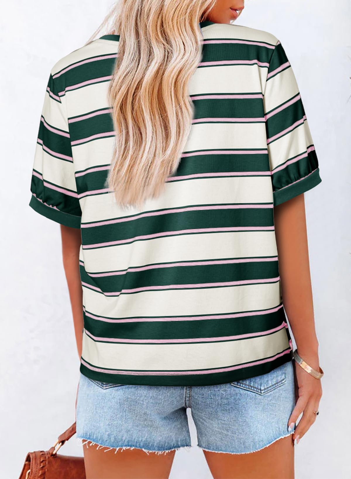 YIOIOIO Women's Summer Tops Striped T-Shirts Short Sleeve Basic Tee Shirts Green