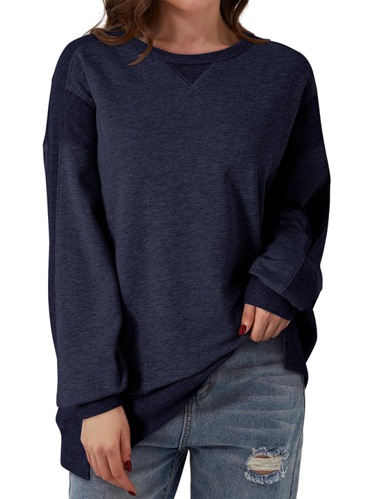 YIOIOIO Women's Crewneck Oversized Sweatshirt Solid Pullover Tops Navy Blue