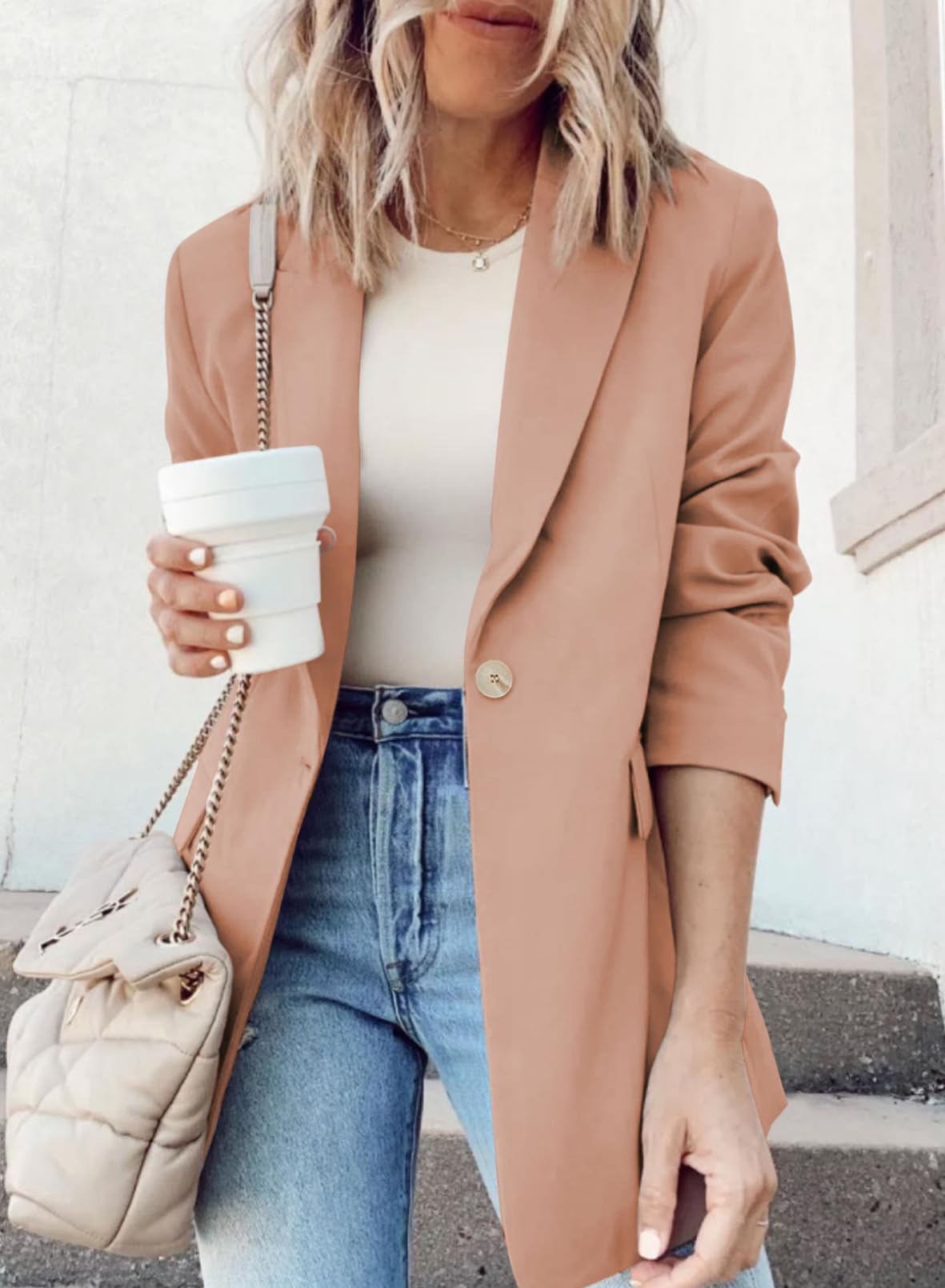 YIOIOIO Women's Fashion Blazer Lapel Collar Buttons Jackets Coat Pink