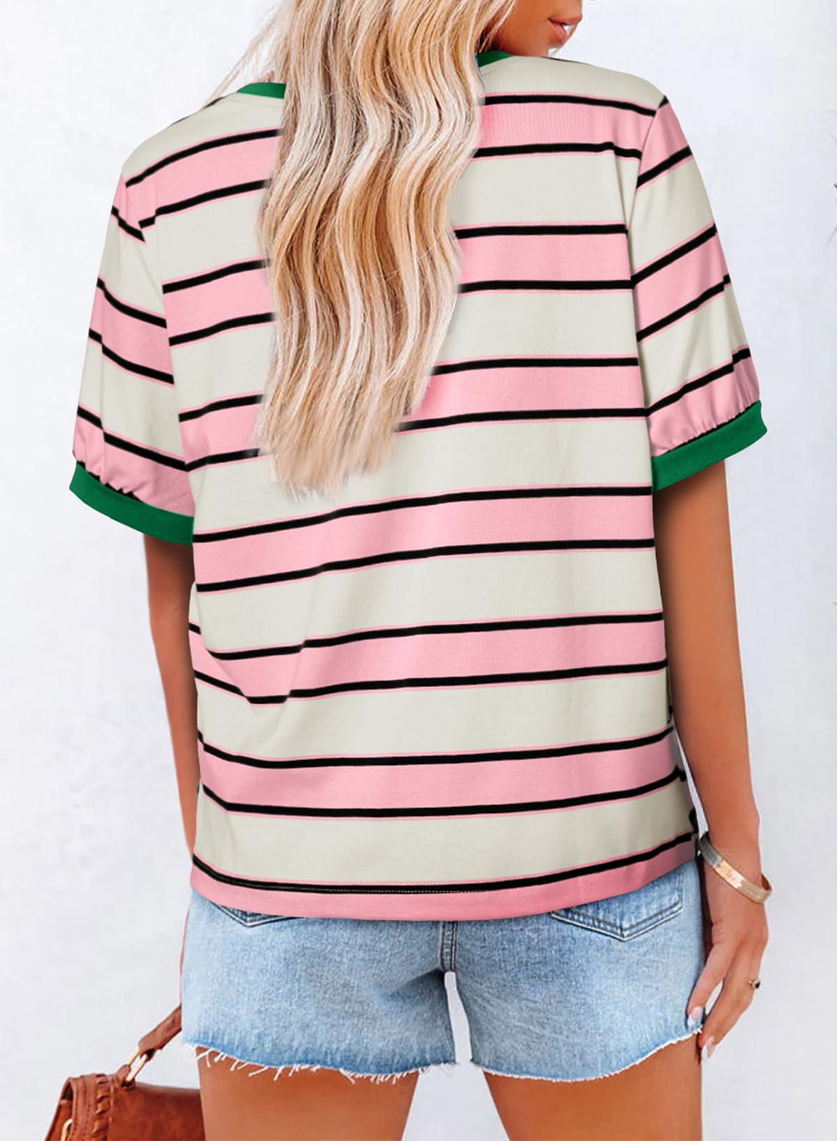 YIOIOIO Women's Summer Tops Striped T-Shirts Short Sleeve Basic Tee Shirts Pink