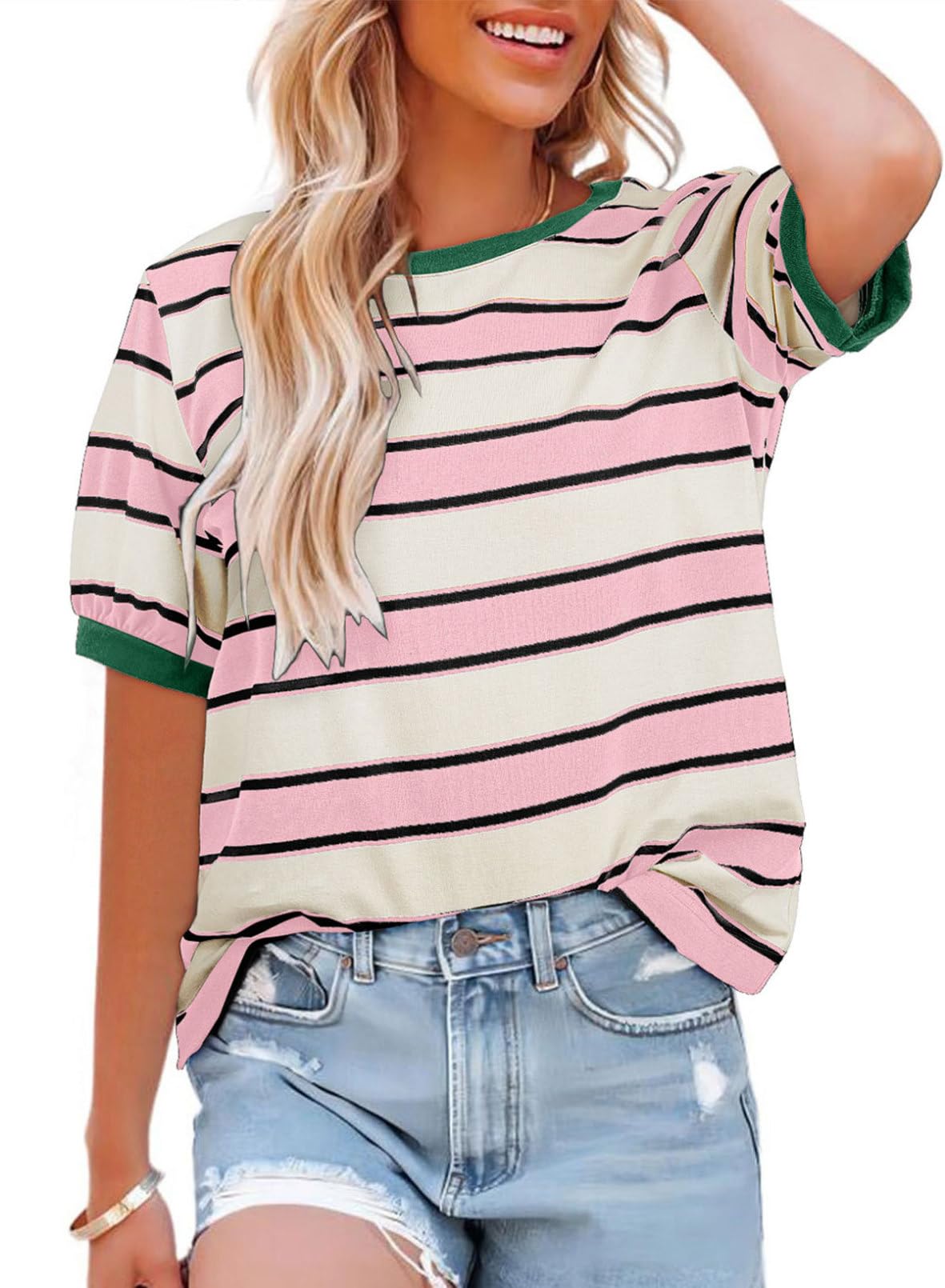 YIOIOIO Women's Summer Tops Striped T-Shirts Short Sleeve Basic Tee Shirts