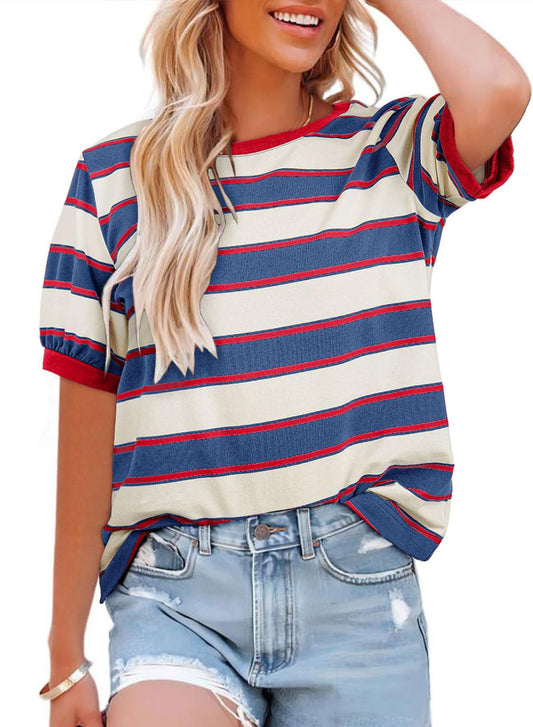 YIOIOIO Women's Summer Tops Striped T-Shirts Short Sleeve Basic Tee Shirts Royal Blue