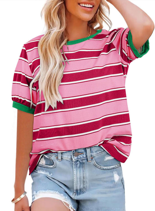 YIOIOIO Women's Summer Tops Striped T-Shirts Short Sleeve Basic Tee Shirts Rose Red