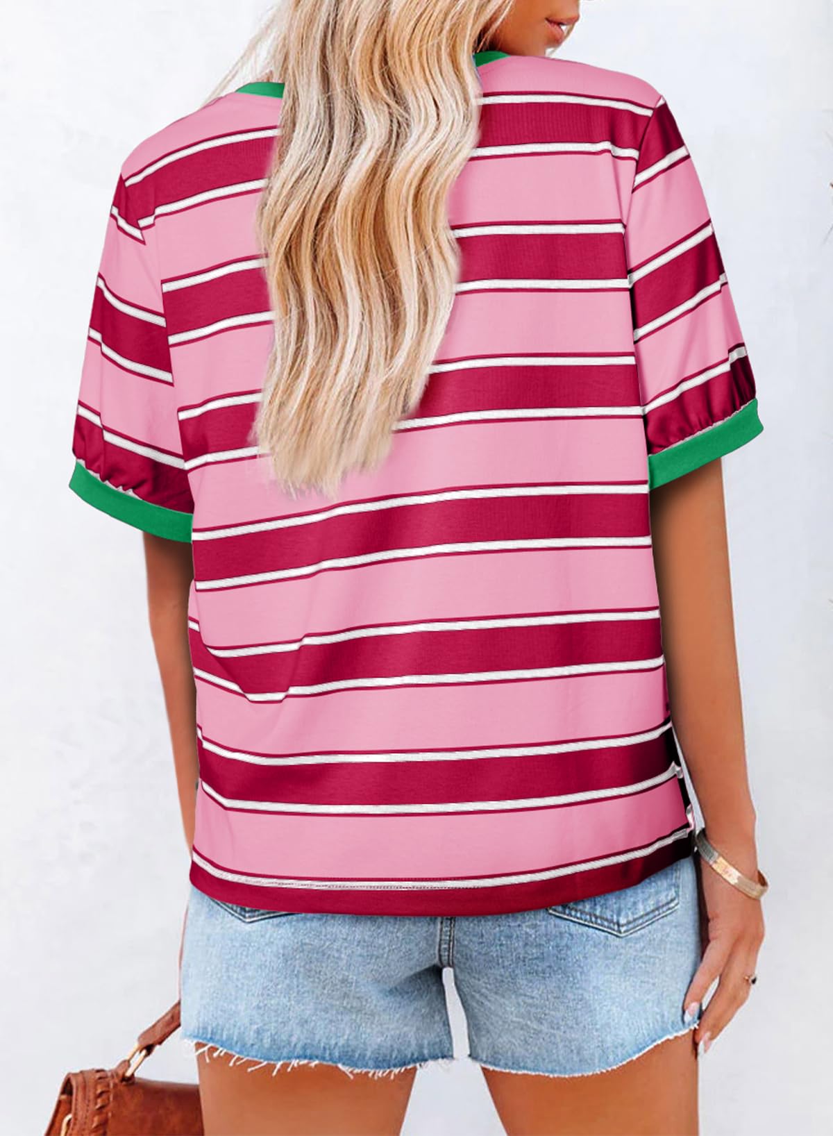 YIOIOIO Women's Summer Tops Striped T-Shirts Short Sleeve Basic Tee Shirts Rose Red